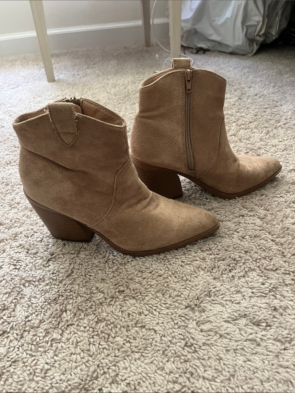 Women's Tan Suede Ankle Booties with Block Heel